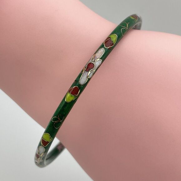 Vintage Green Cloisonne Enamel Bangle Bracelet With Pink Floral 7.5 in Floral - Picture 3 of 8
